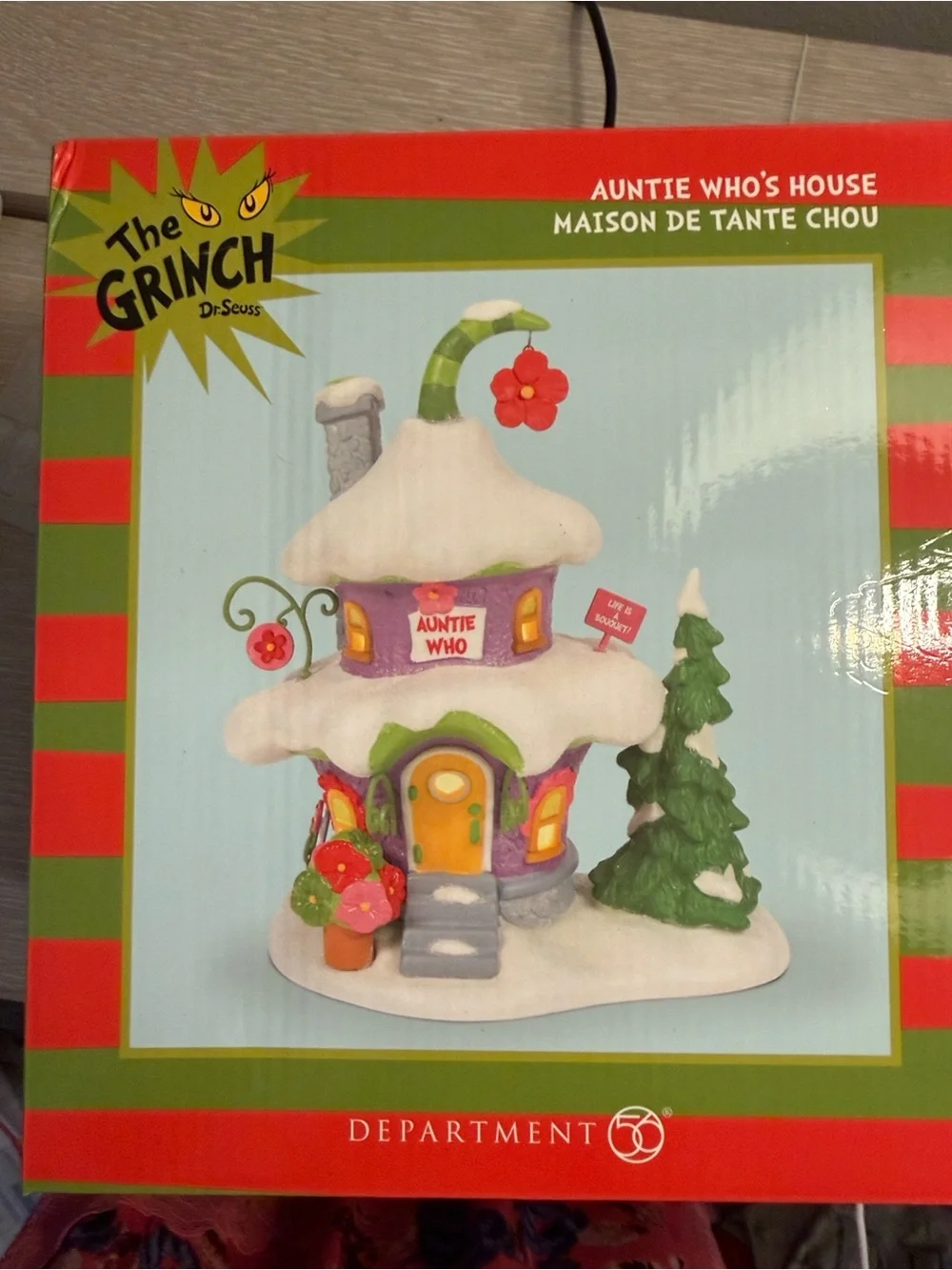 Department 56 Purple Cottage with Green Trim and Yellow Door